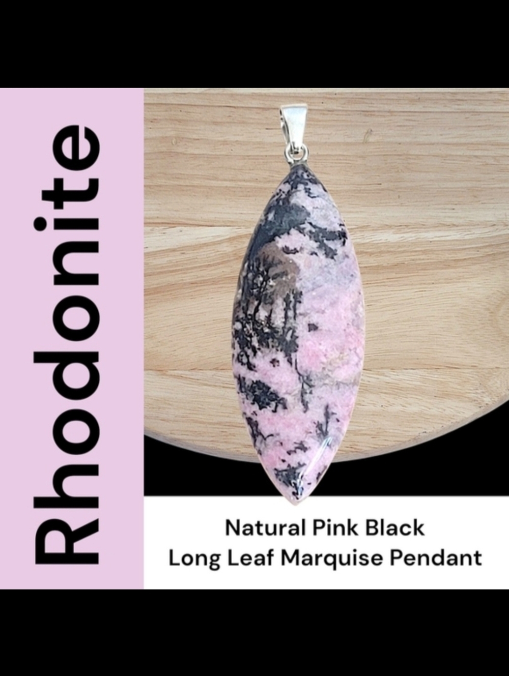 Hand Crafted Rhodonite Marquise Pendant Long Leaf Pink And Black